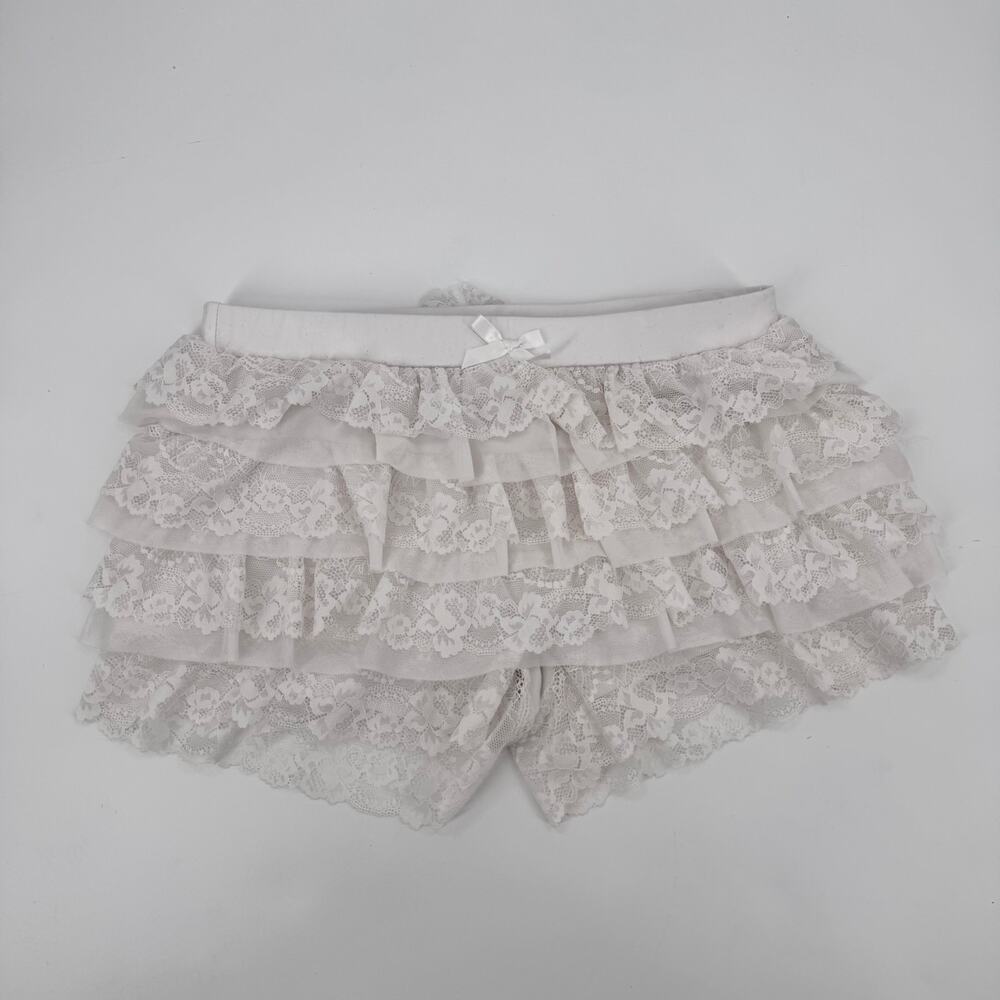 Women's White Lace Ruffle Bloomer Shorts Size M Coquette Y2K Tiered Bow